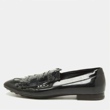 Pre Owned Tod's Black Patent Leather Laser Cut Fringe Loafers Size 38.5