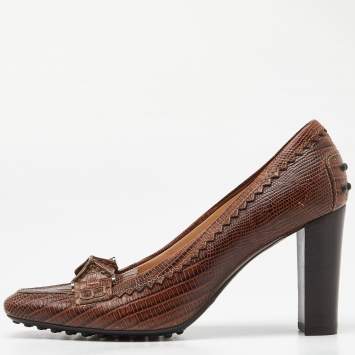 Pre Owned Tod's Brown Croc Embossed Leather Square Toe Loafer Pumps Size 36.5