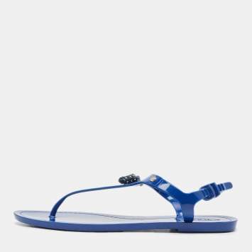 Pre Owned Tod's Blue Rubber Studded Tassel Flat Thong Sandals Size 40