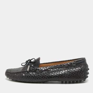 Pre Owned Tod's Black Python Leather Bow Slip On Loafers Size 37