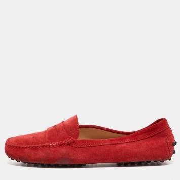 Pre Owned Tod's Red Suede Penny Loafers Size 39.5