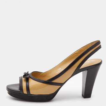 Pre Owned Tod's Beige/Black Patent Leather Bow Platform Slingback Open Toe Sandals Size 40.5