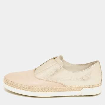 Pre Owned Tod's Beige/Gold Leather Espadrille Flat Size 36