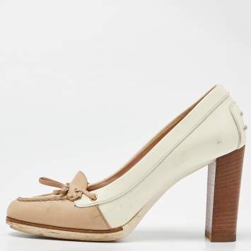 Pre Owned Tod's Two Tone Beige Leather and Patent Block Heel Pumps Size 38
