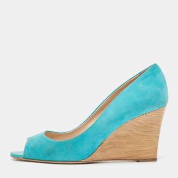 Pre Owned Tod's Blue Suede Peep Toe Wedge Pumps Size 40
