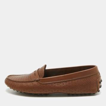 Pre Owned Tod's Brown Perforated Leather Penny Slip On Loafers Size 37.5