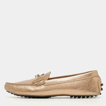 Pre Owned Tod's Gold Leather Crystal Embellished Double T Slip On Loafers Size 36