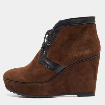 Pre Owned Tod's Brown/Black Suede and Leather Wedge Oxford Boots Size 37.5 