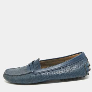 Pre Owned Tod's Navy Blue Leather Laser Cut Penny Loafers Size 38
