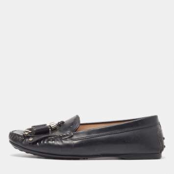 Pre Owned Tod's Black Patent Leather Tessal Fringe Detail Slip On Loafers Size 38.5