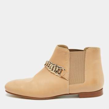 Pre Owned Tod's Beige Leather Chain Detail Ankle Boots Size 35.5