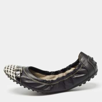 Pre Owned Tod's Black/White Leather Bow Detail Scrunch Ballet Flats  Size 37.5