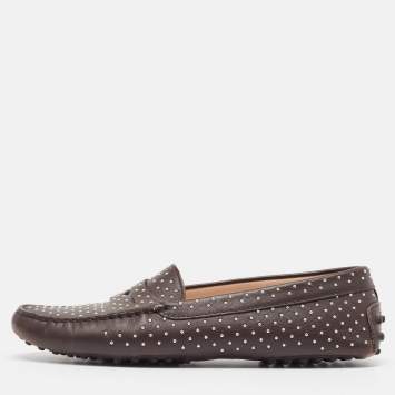 Pre Owned Tod's Brown Leather Embellished Slip On Loafers Size 38.5
