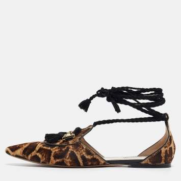 Pre Owned Tod's Brown/Beige Animal Print Calf Hair Ankle Tie Flats Size 38.5