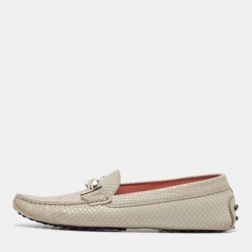 Pre Owned Tod's Grey Textured Leather Double T Buckle Loafers Size 37