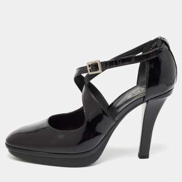 Pre Owned Tod's Black Patent Leather Cross Strap Platform Pumps Size 38.5
