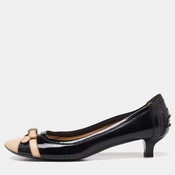Pre Owned Tod's Black/Beige Leather and Black Patent Cap Toe Bow Pumps Size 38.5