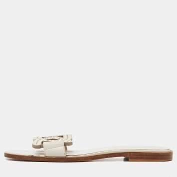 Pre Owned Tod's White Leather Kate Flat Slides Size 37.5