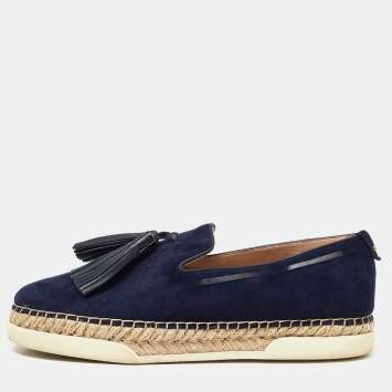 Pre Owned Tod's Blue Suede Fringe Tassel Detail Slip On Loafers Size 41