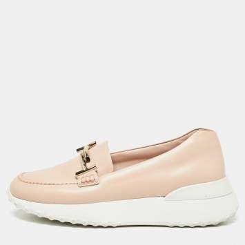 Pre Owned Tod's Pink Leather Double T Slip On Loafers Size 36