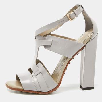Pre Owned Tod's Grey Leather Cutout Block Heel Ankle Strap Sandals Size 36