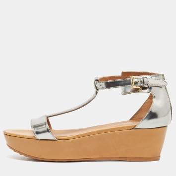 Pre Owned Tod's Sliver Leather Wedge Ankle Strap Sandals Size 39