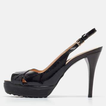 Pre Owned Tod's Black Patent Leather Criss Cross Platform Slingback Sandals Size 38.5
