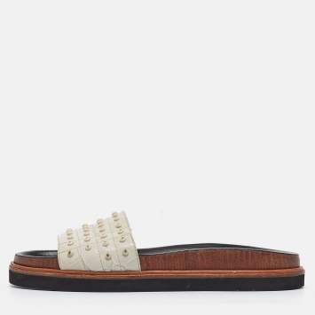 Pre Owned Tod's White Croc Embossed Leather Studded Flat Slides Size 37