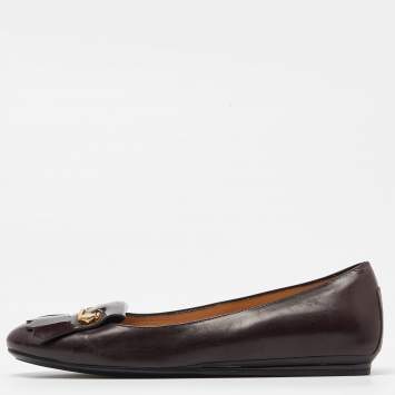 Pre Owned Tod's Burgundy Leather Fringe Detail Ballet Flats Size 38.5