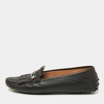 Pre Owned Tod's Black Leather Fringe Detail Slip On Loafers Size 39 