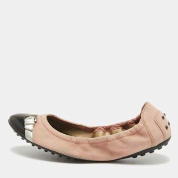 Pre Owned Tod's Pink Suede and Patent Leather Buckle Detail Scrunch Ballet Flats Size 39.5