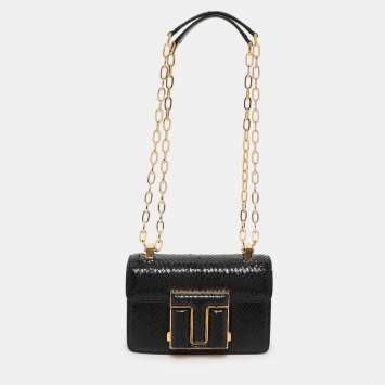 Pre Owned Tom Ford Black Python Embossed Leather  T-clasp Shoulder Bag