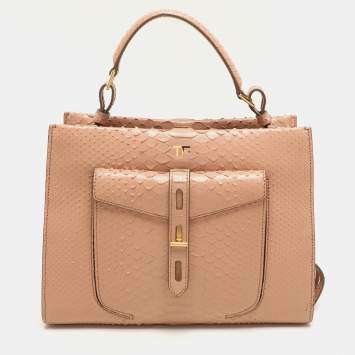 Pre Owned Tom Ford Beige Python Small T Twist Top Handle Bag