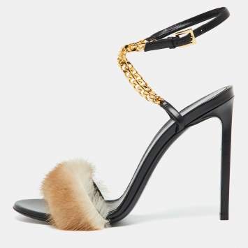 Pre Owned Tom Ford Beige/Black Mink Fur and Leather Ankle Strap Sandals Size 41