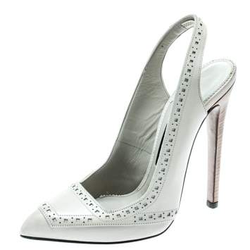 Pre Owned Tom Ford Light Grey Leather Pointed Toe Slingback Sandals Size 37.5
