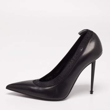 Pre Owned Tom Ford Black Leather and Elastic Logo Pointed Toe Pumps Size 41