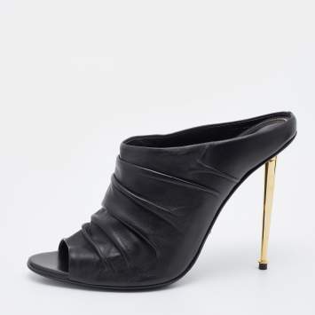 Pre Owned Tom Ford Black Ruched Leather Peep Toe Mules Size 41