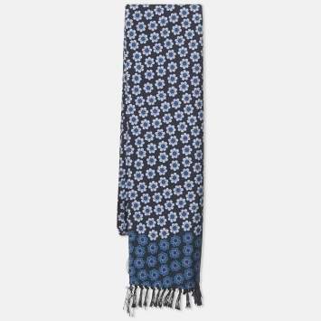 Tom Ford Blue Floral Print Silk Fringed Scarf 