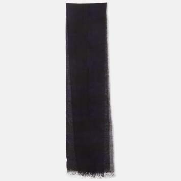 Pre Owned Tom Ford Black/Navy Blue Checked Cashmere Fringed Scarf