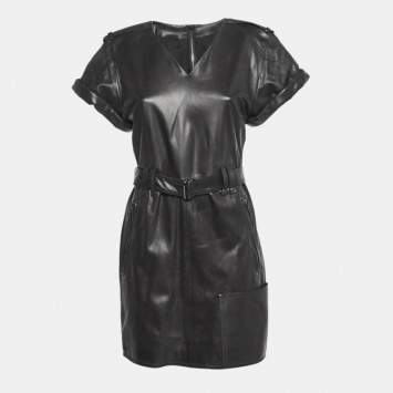 Pre Owned Tom Ford Black Leather V-Neck Belted Mini Dress M