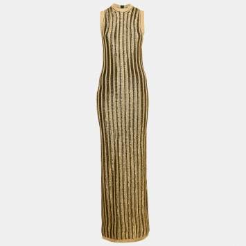 Pre Owned Tom Ford Black/Gold Lurex Slinky Rib Knit Crewneck Maxi Dress XS
