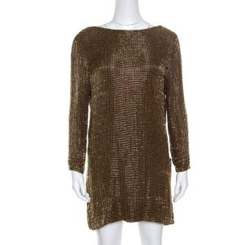Pre Owned Tom Ford Brown Embellished Silk Draped Open Back Long Sleeve Dress S