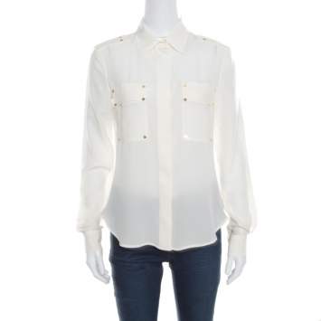 Pre Owned Tom Ford Cream Embellished Silk Epaulette Detail Long Sleeve Blouse S