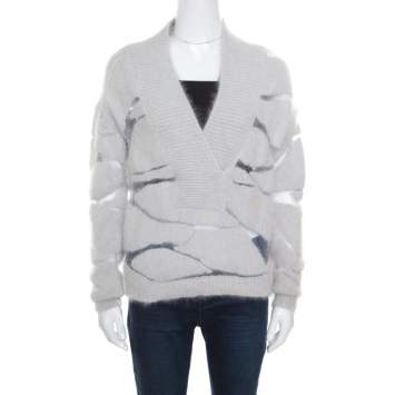 Pre Owned Tom Ford Grey Patterned Mesh Insert Angora V Neck Pullover XS