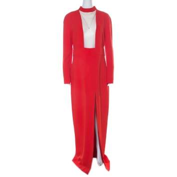 Pre Owned Tom Ford Scarlet Red Stretch Crepe Mesh Paneled Gown L