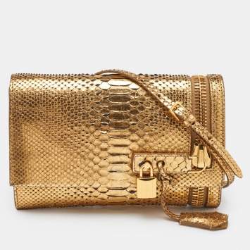Pre Owned Tom Ford Gold Alix Python Zip & Padlock Clutch
