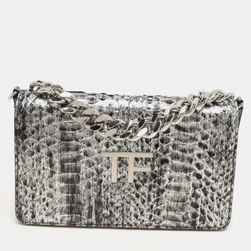 Pre Owned Tom Ford Silver Python TF Logo Flap Shoulder Bag