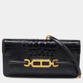Pre Owned Tom Ford Black Croc Embossed Leather Whitney Shoulder Bag