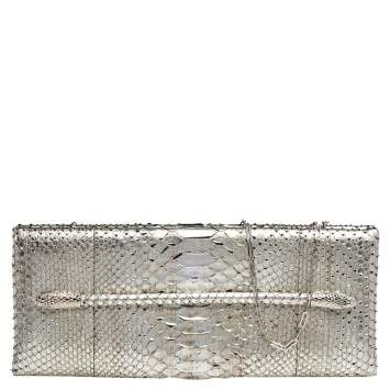 Pre Owned Tom Ford Metallic Silver Python Leather Frame Chain Clutch