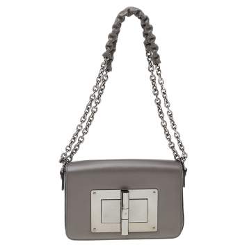 Pre Owned Tom Ford Grey Leather Small Chain Natalia Shoulder Bag